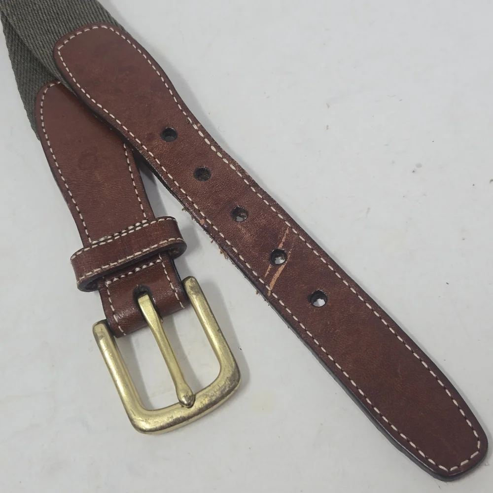 LL BEAN Golf‎ Belt Men 44 Brown Leather Green Canvas Brass Buckle Made USA
